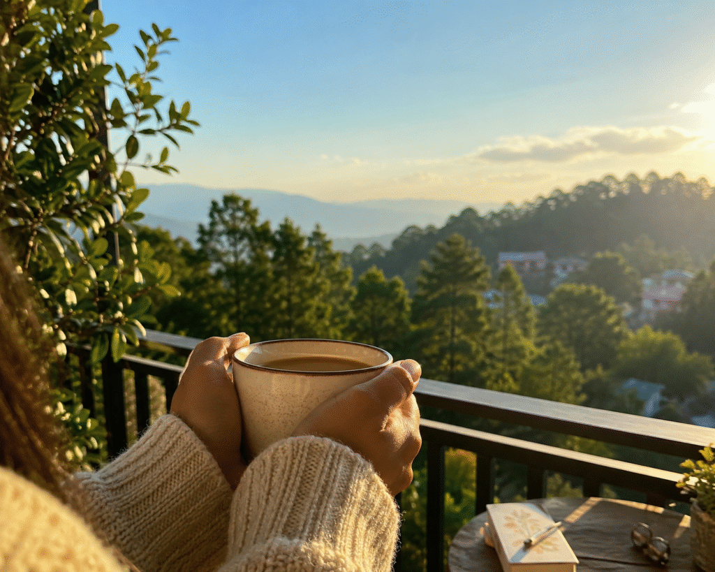 Peaceful morning chai on balcony with trees and sunlight